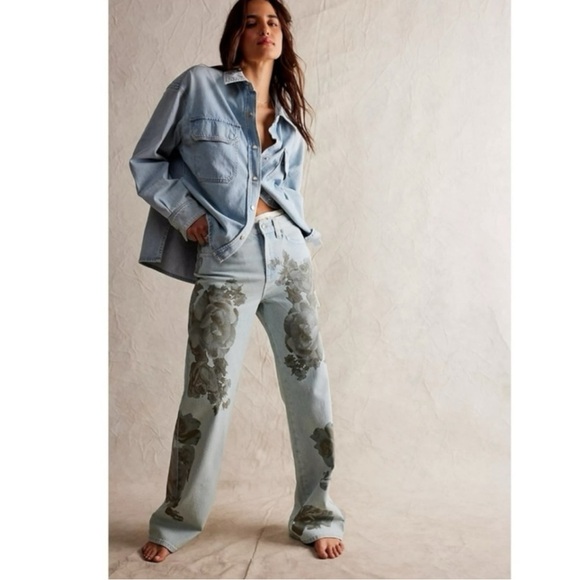 Free People Tinsley 90s Baggy Floral Wide Leg Straight Jeans 32 Grunge NWT NEW - Picture 5 of 16